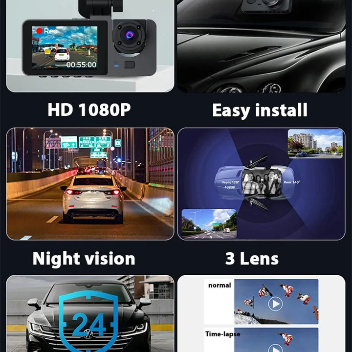 3 Channel Dash Cam for Cars Camera HD 1080P Video Recorder Dashcam DVR Black Box Dual Lens DVR with Rear View Camera for Vehicle